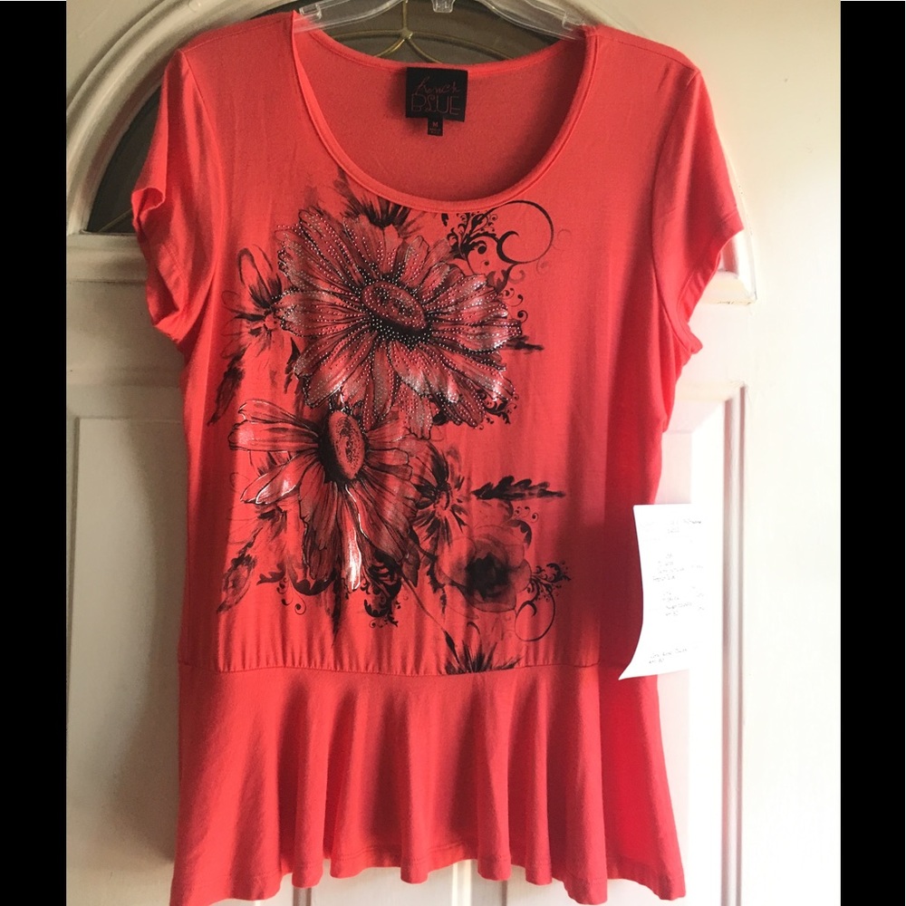 Coral flower print shirt.