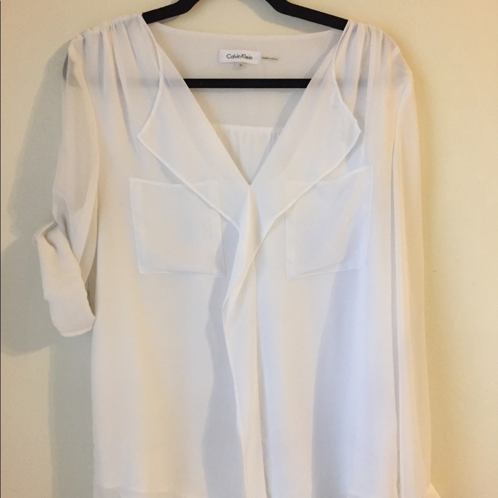 Calvin Klein Sheer White Ruffle Blouse