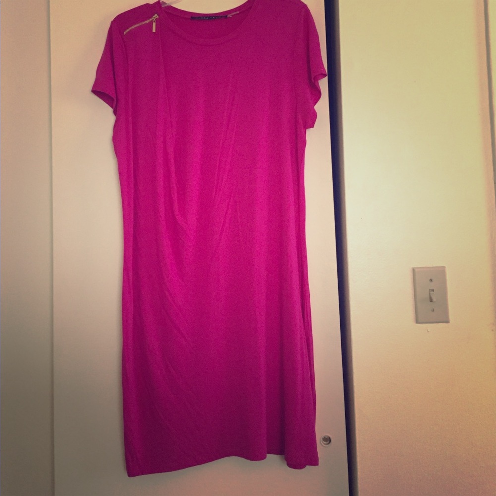 Pink shift dress with gold zipper