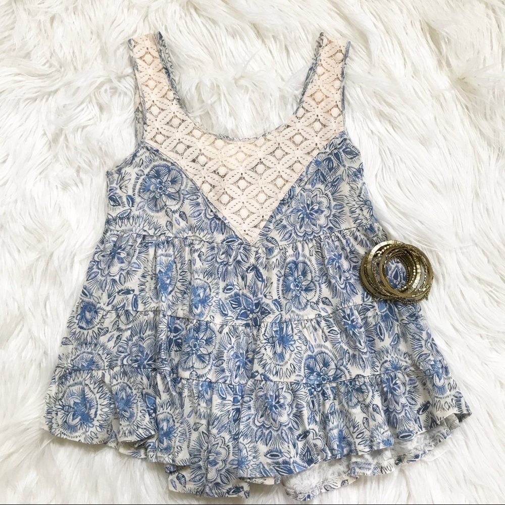 free people blue and ivory floral boho tank top