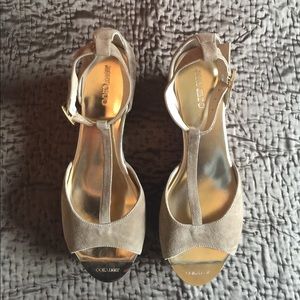 Jimmy Choo nude suede cork wedge