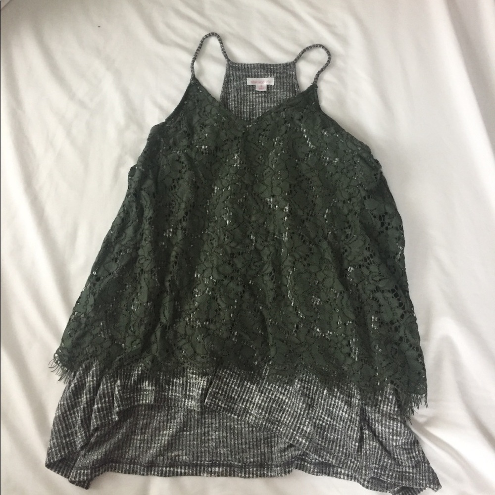 Gray tank top with Green lace overlay
