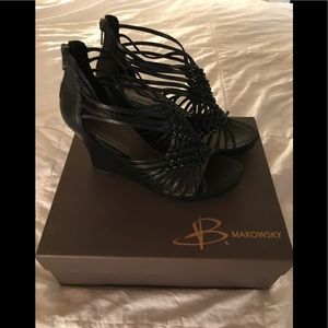 Women's B Makowsky Black Leather Wedge Sandle