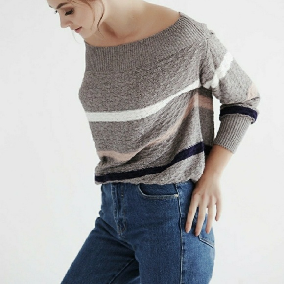 Stripe Basketweave Off the Shoulder Sweater - Picture 2 of 3