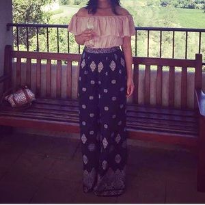 Off shoulder crop top with Blue polyester pants