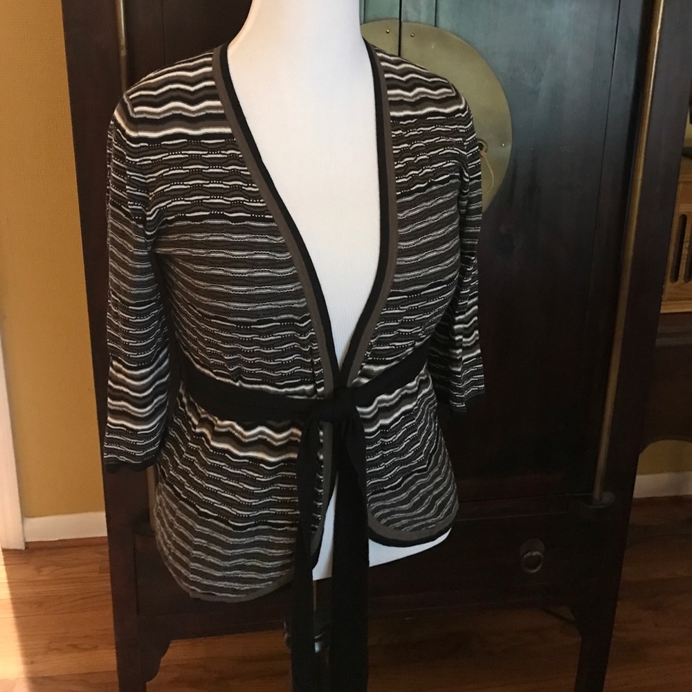 BCBG brown, black, and beige tie at waist cardigan