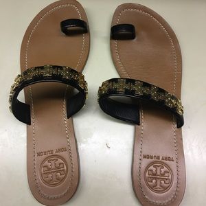 Authentic Tory Burch flats black patent and gold.