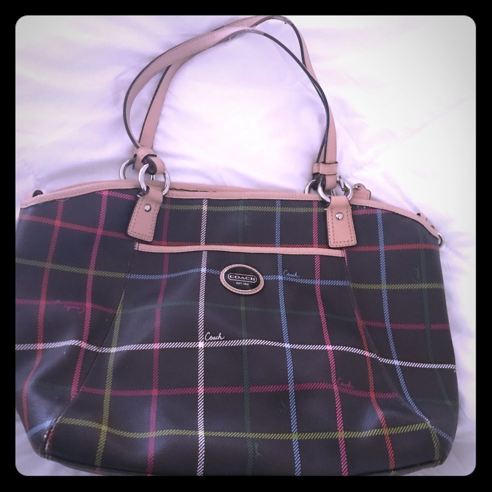 Multicolor striped, brown Coach handbag