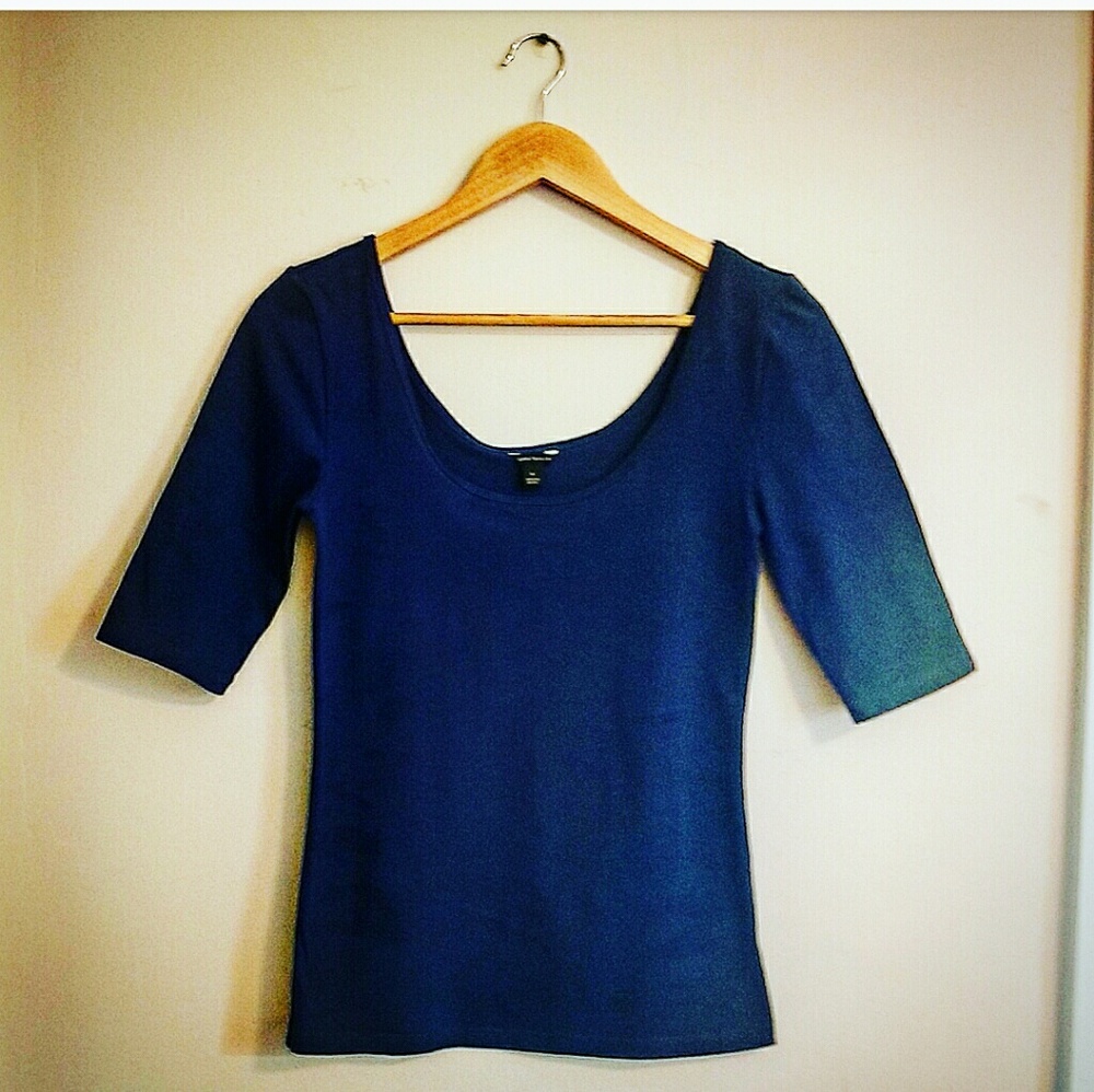 Ann Taylor Scoop Neck Navy Blue 3/4 Sleeve Shirt