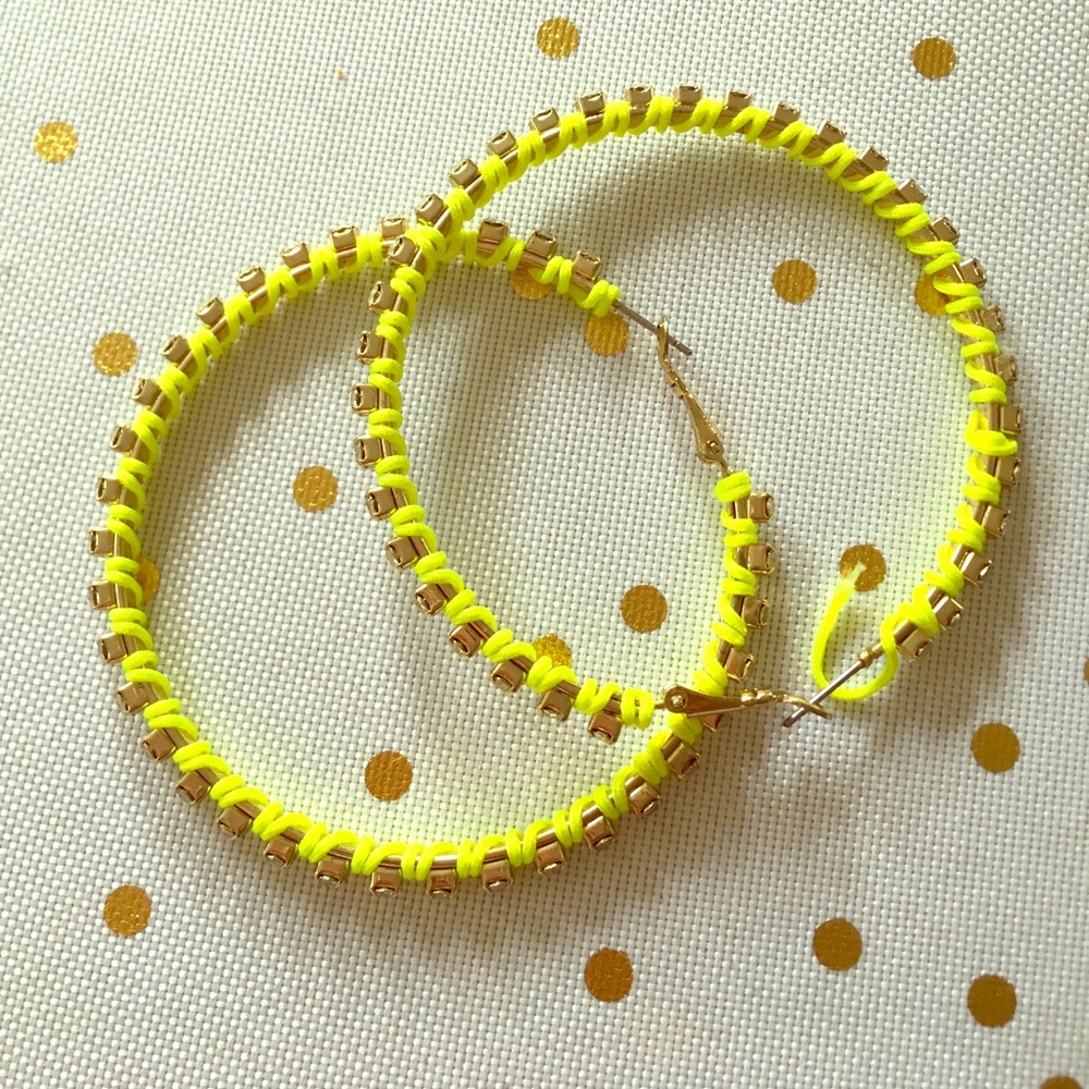 Neon yellow jeweled hoops