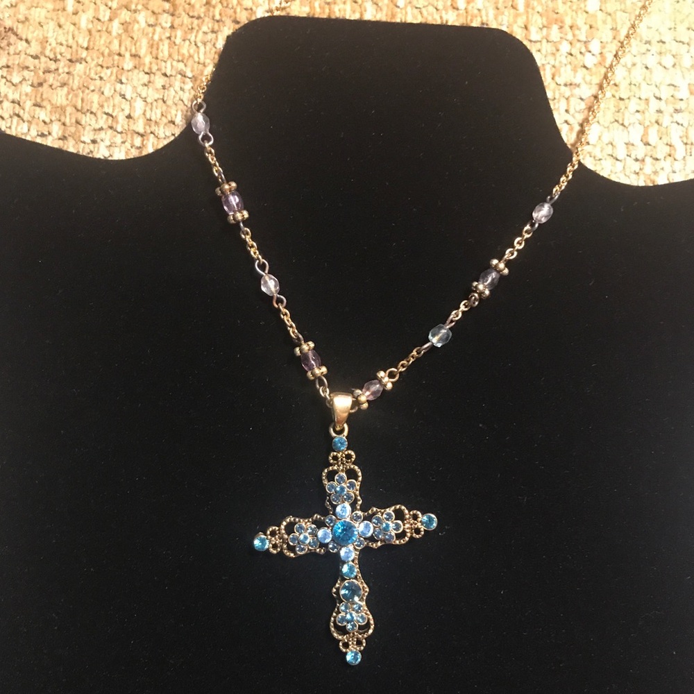 Vintage  Turquoise Crystal Scroll Cross Necklace