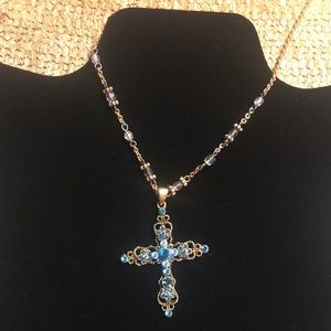 Vintage  Turquoise Crystal Scroll Cross Necklace