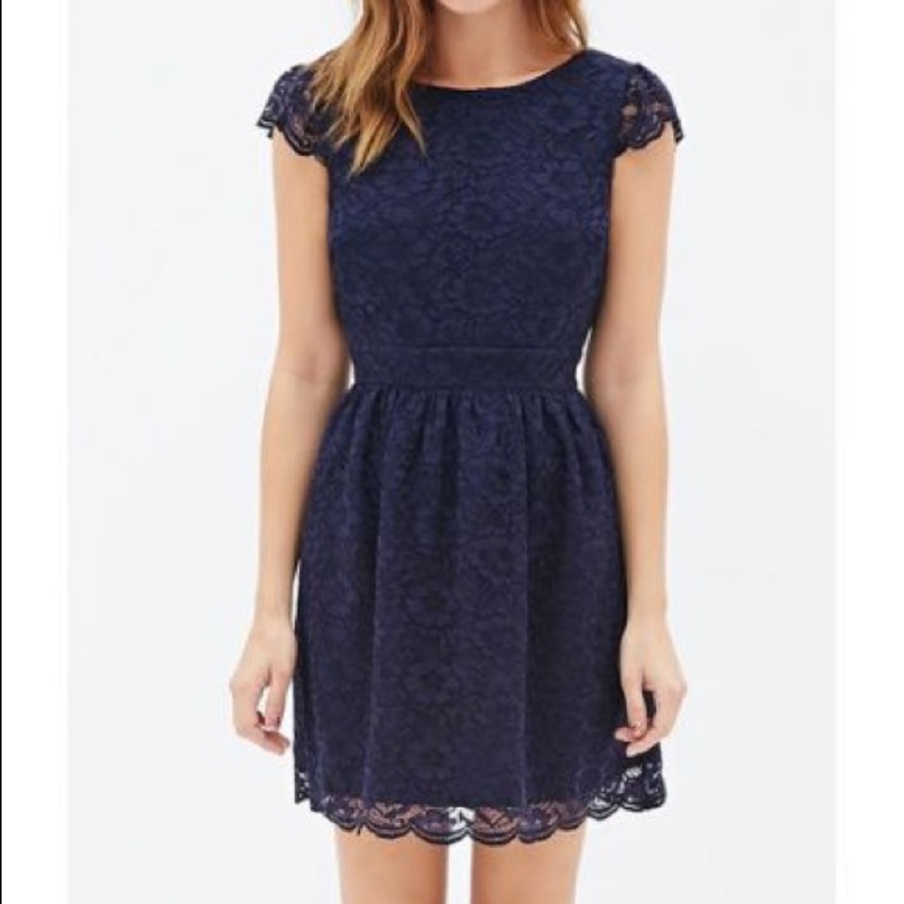 Lace Navy Dress with Capped Sleeves