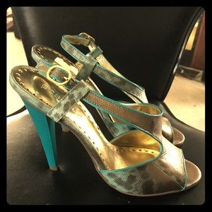 BCBGirls Teal/Gold snakeskin Heels. Slingback