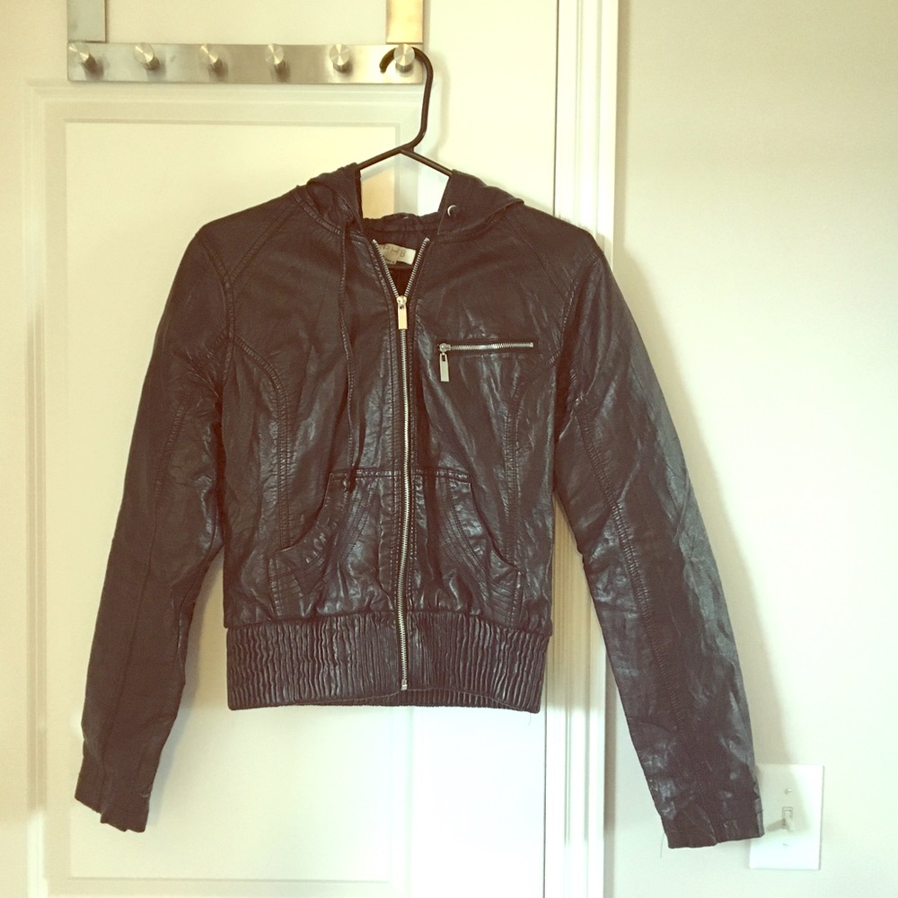 Vegan leather hooded jacket