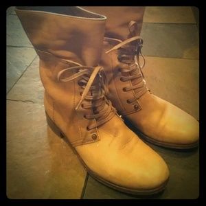 J. Crew buckskin color leather lace up boots.
