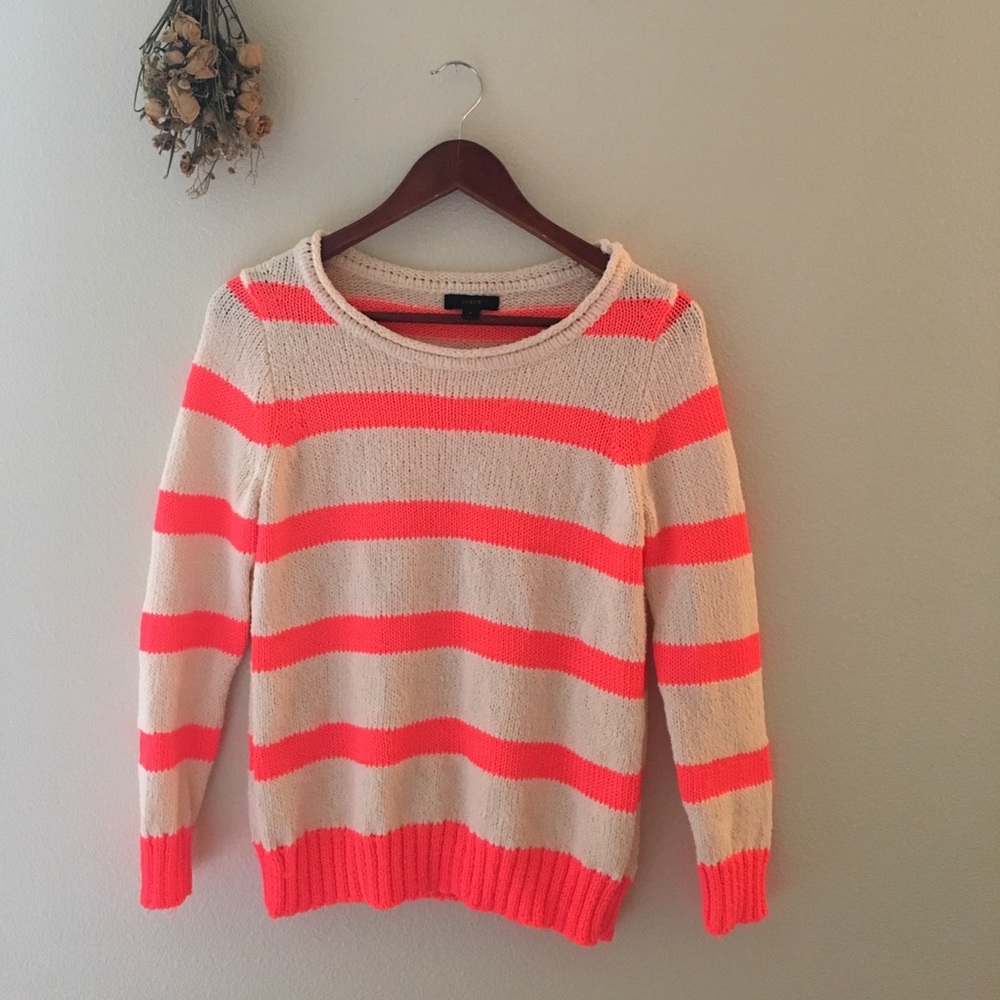 J. Crew | boat neck cream & neon pink sweater