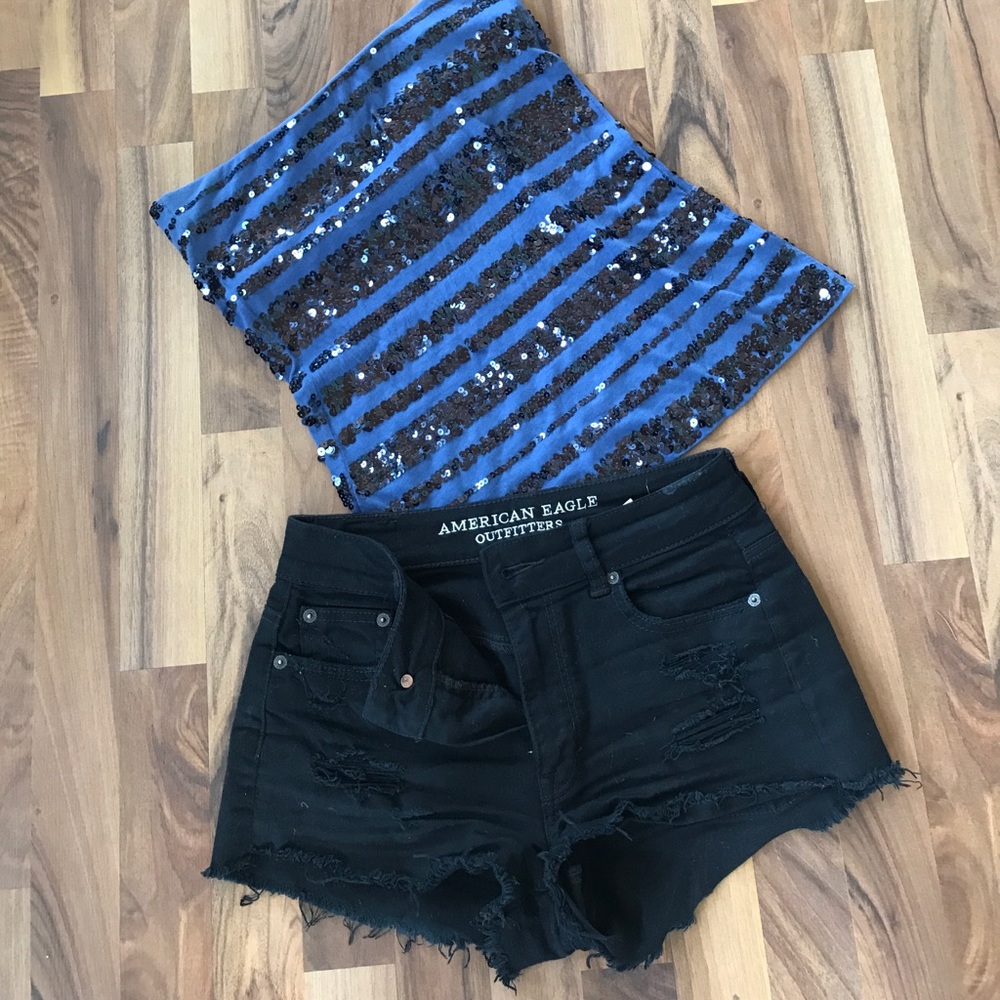Blue and black sequence tube top