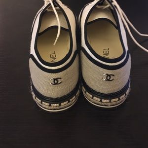 canvas Chanel lace up pearl espadrille sneakers