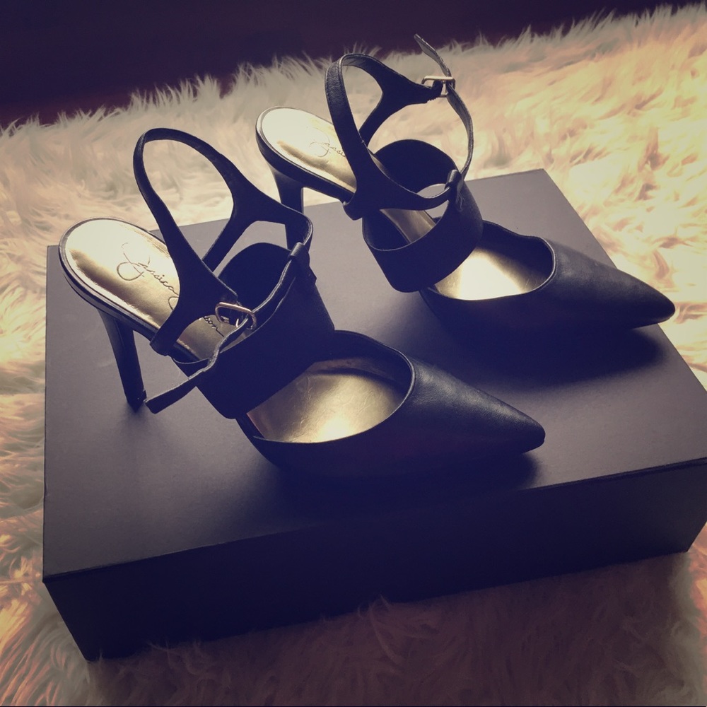 Jessica Simpson pointed toe sling back pumps.