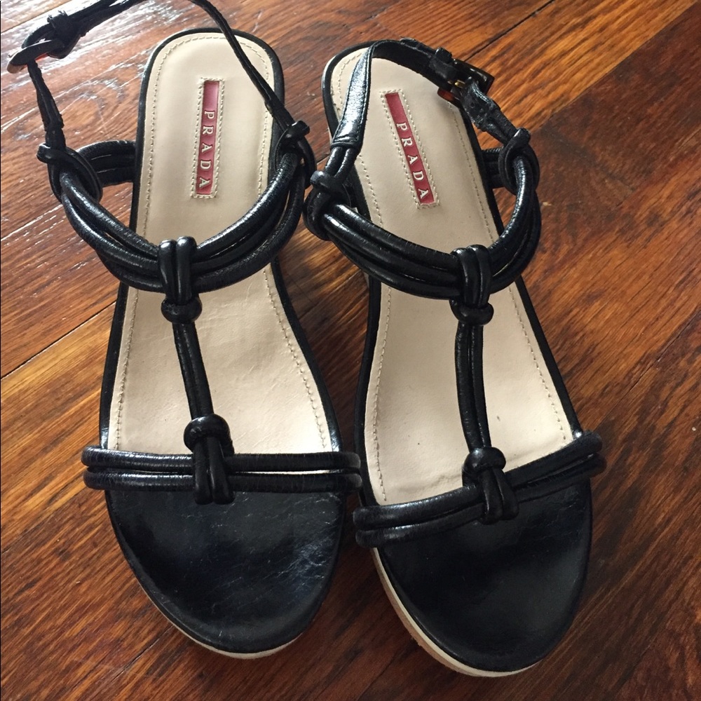 Prada black leather cork platform sandals