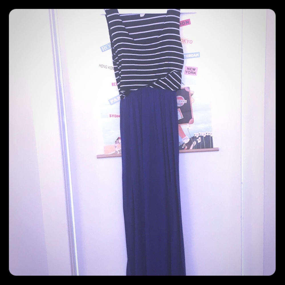Espresso black and white stripe, blue maxi dress.