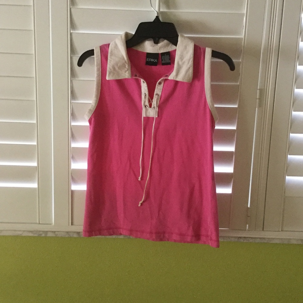 Pink and White Sleeveless Shirt