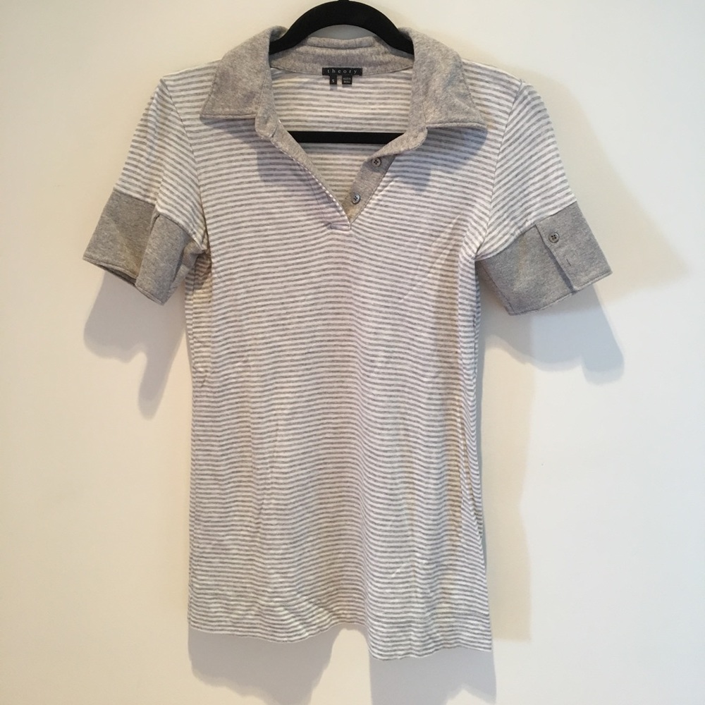 Theory grey stripped 3-button polo