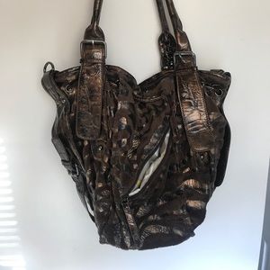 Brown faux leather and suede handbag