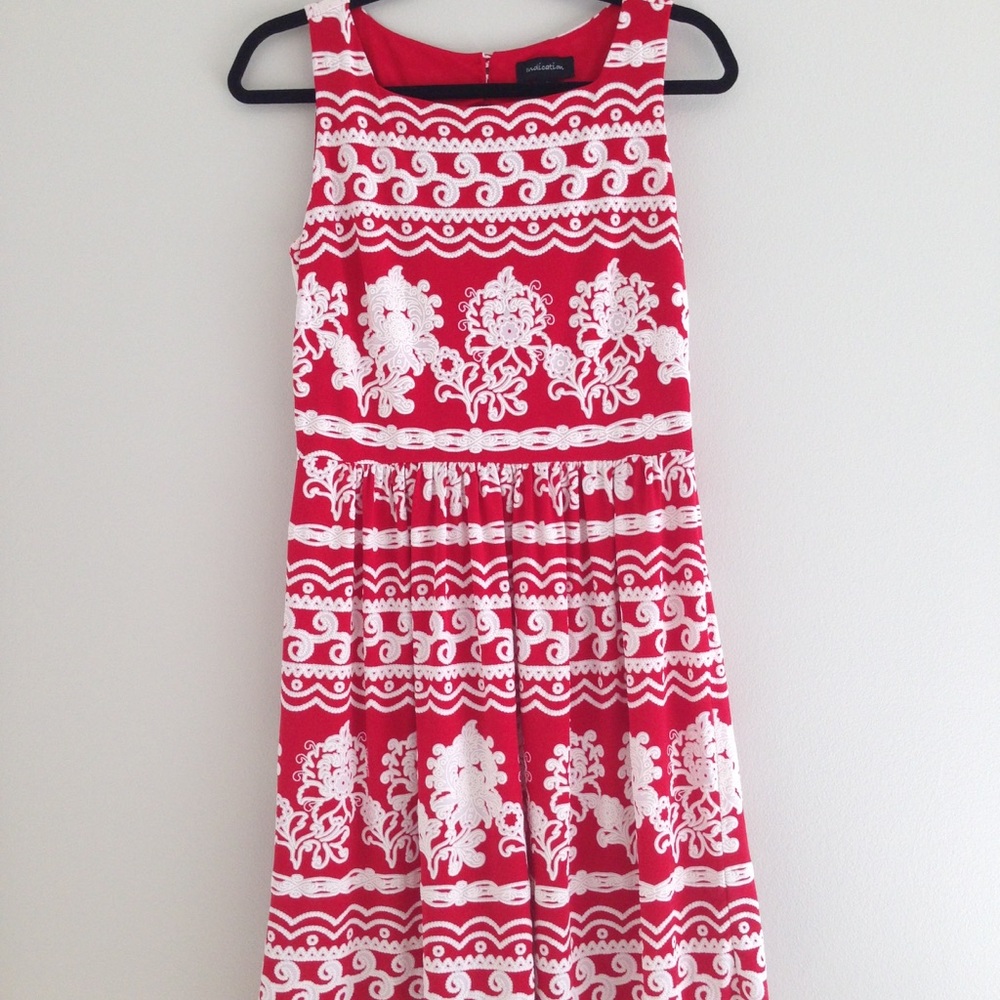 Red and White Boatneck Midi Dress