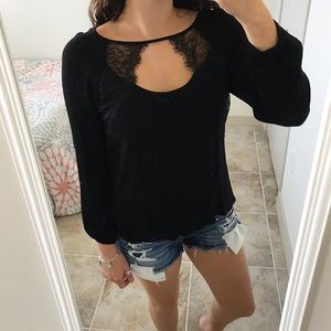 Black Open Scoop Neck Lace Top