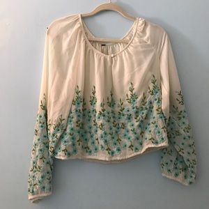 Free People Embroidered Flower Long Sleeve Blouse