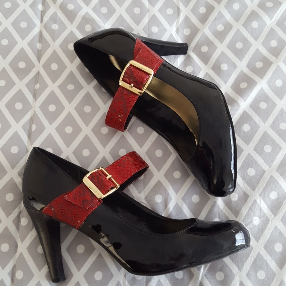 Black Leather Red Suede Heel