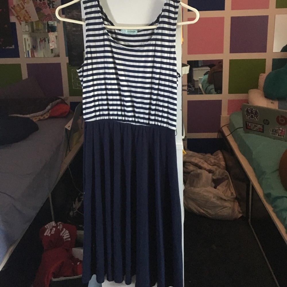 Navy blue and white striped maxi dress