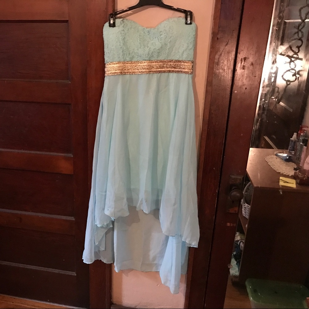 Teal Strapless dress.