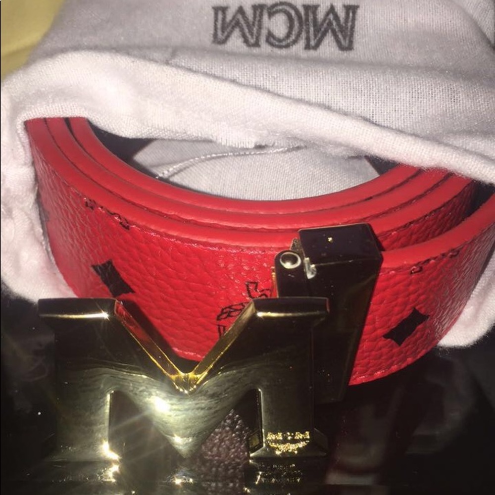 Red and gold mcm belt