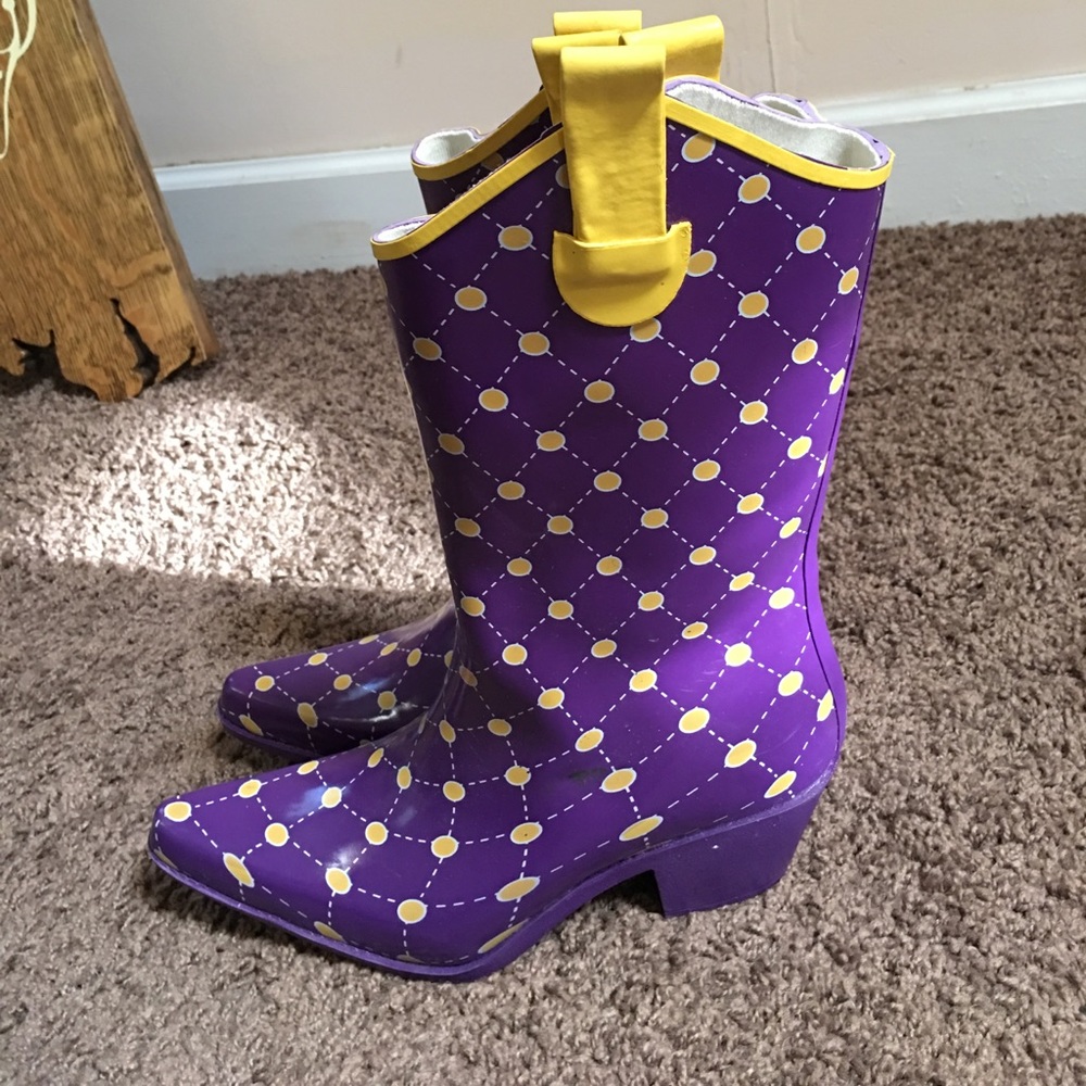 REDUCED PRICE. Purple and gold rain boots