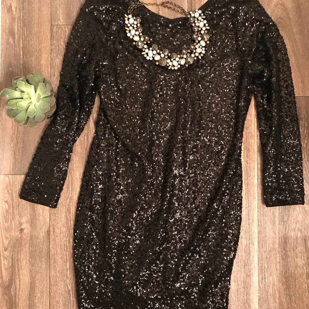 Black sequin low back cocktail dress
