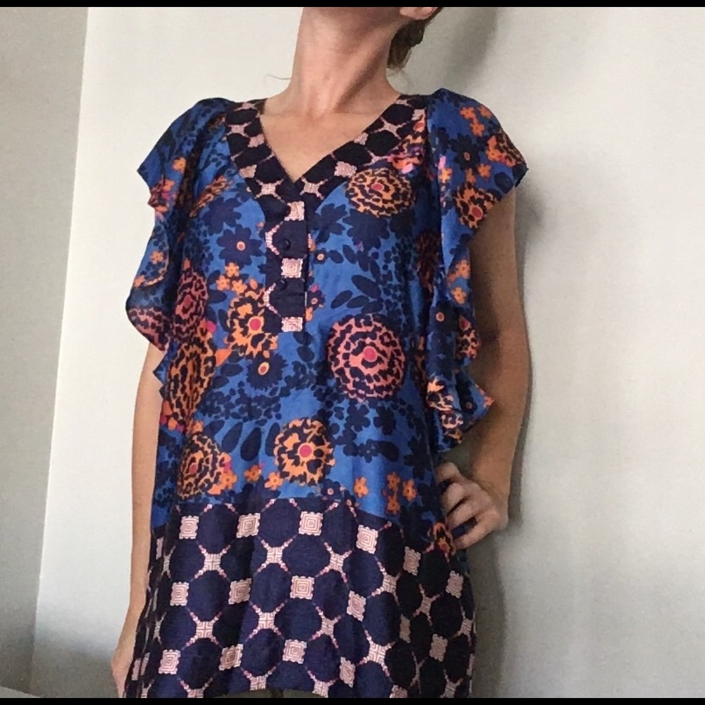 Anthropologie multi-colored Ruffle Sleeve Blouse