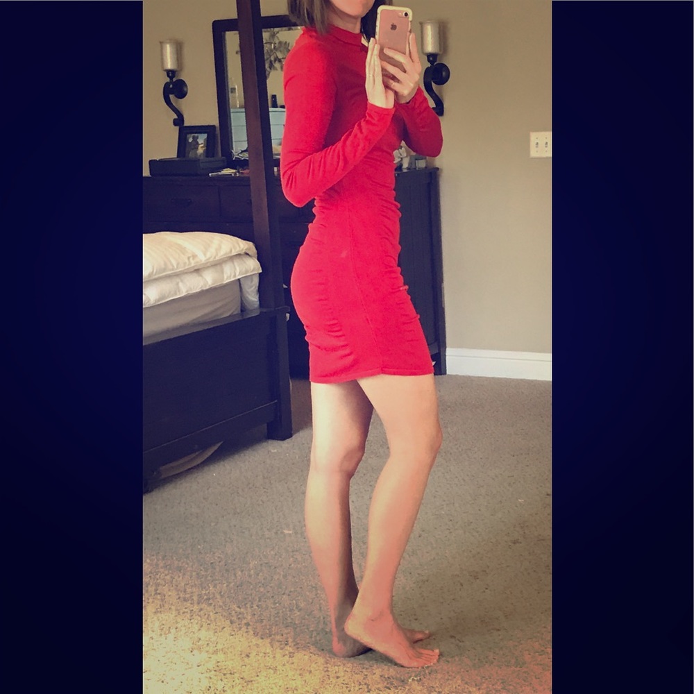 Express Red Mock Neck Ruched Sweater Dress