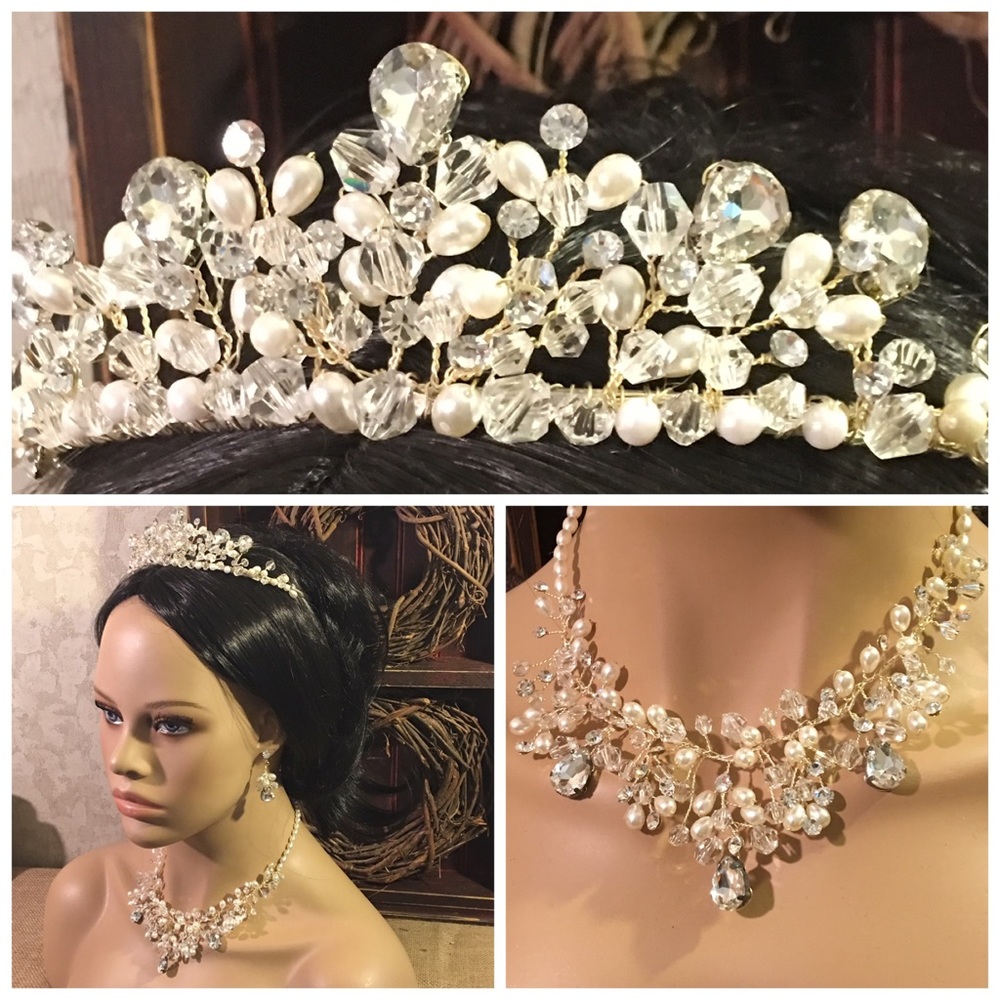 NEW Tiara & jewelry set ivory pearls wedding - Picture 2 of 8