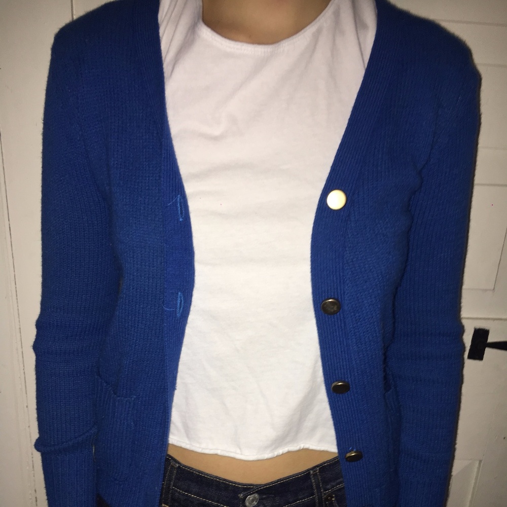 Royal blue knit cardigan with gold buttons
