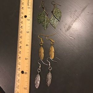 Set Of 3 Leaves and feathers earrings