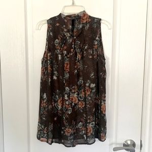 Brown Rose Floral Chiffon Tie Neck Tank XS