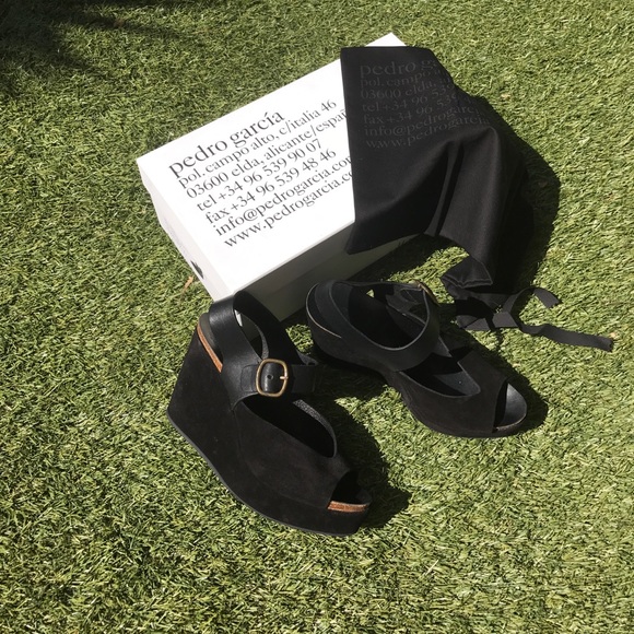 Pedro Garcia Shoes - Pedro Garcia black suede 5" wedge, leather ankle
