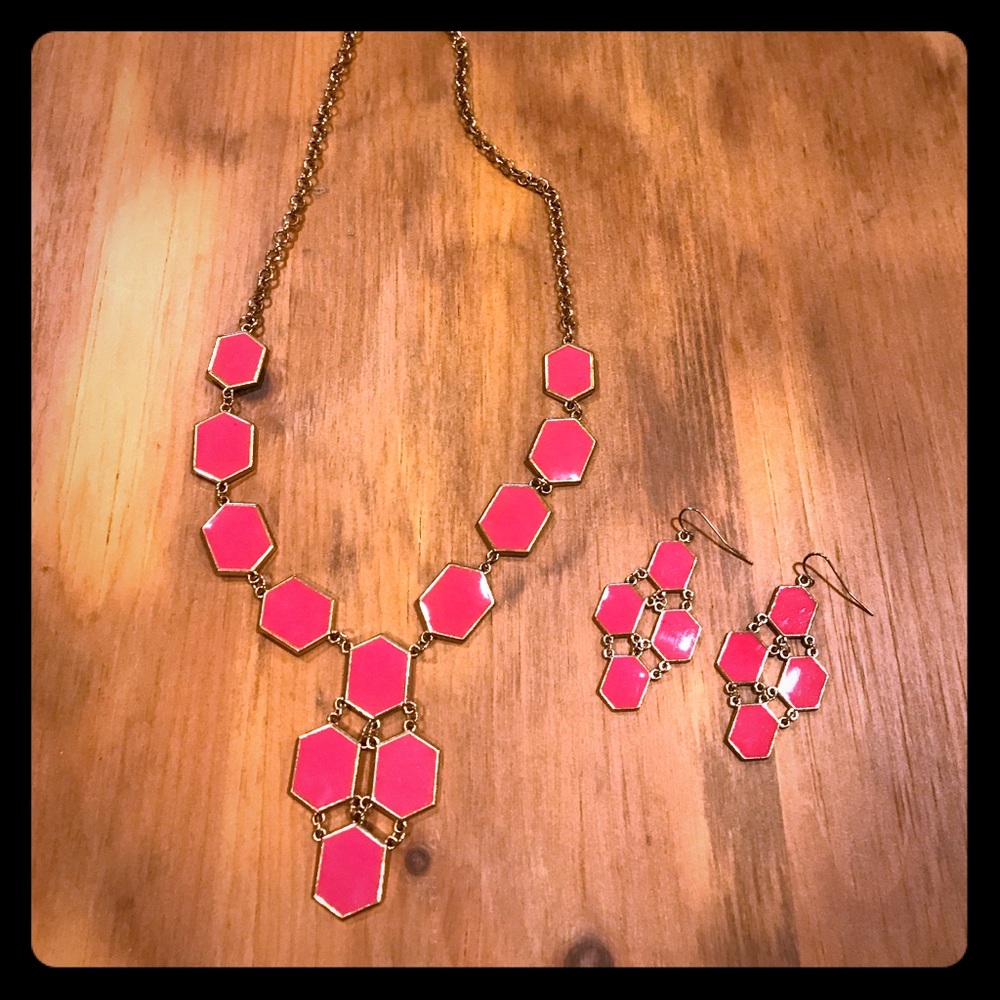 Pink Hexagonal Statement Necklace & earrings