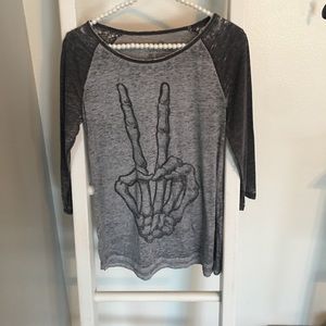 3 for $17 deal! Gray skeleton peace shirt.