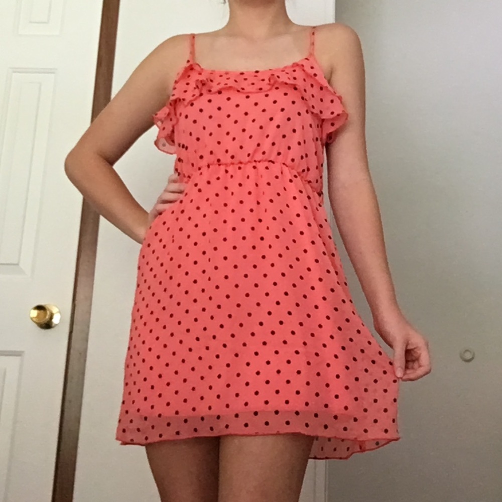 Coral and black polka dotted dress