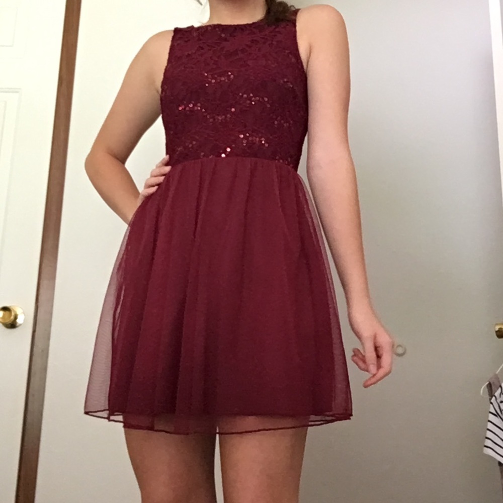Maroon lace and mesh semi formal/ formal dress