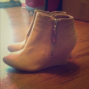 New. Tan suede Modcloth wedge booties. Size 5.5